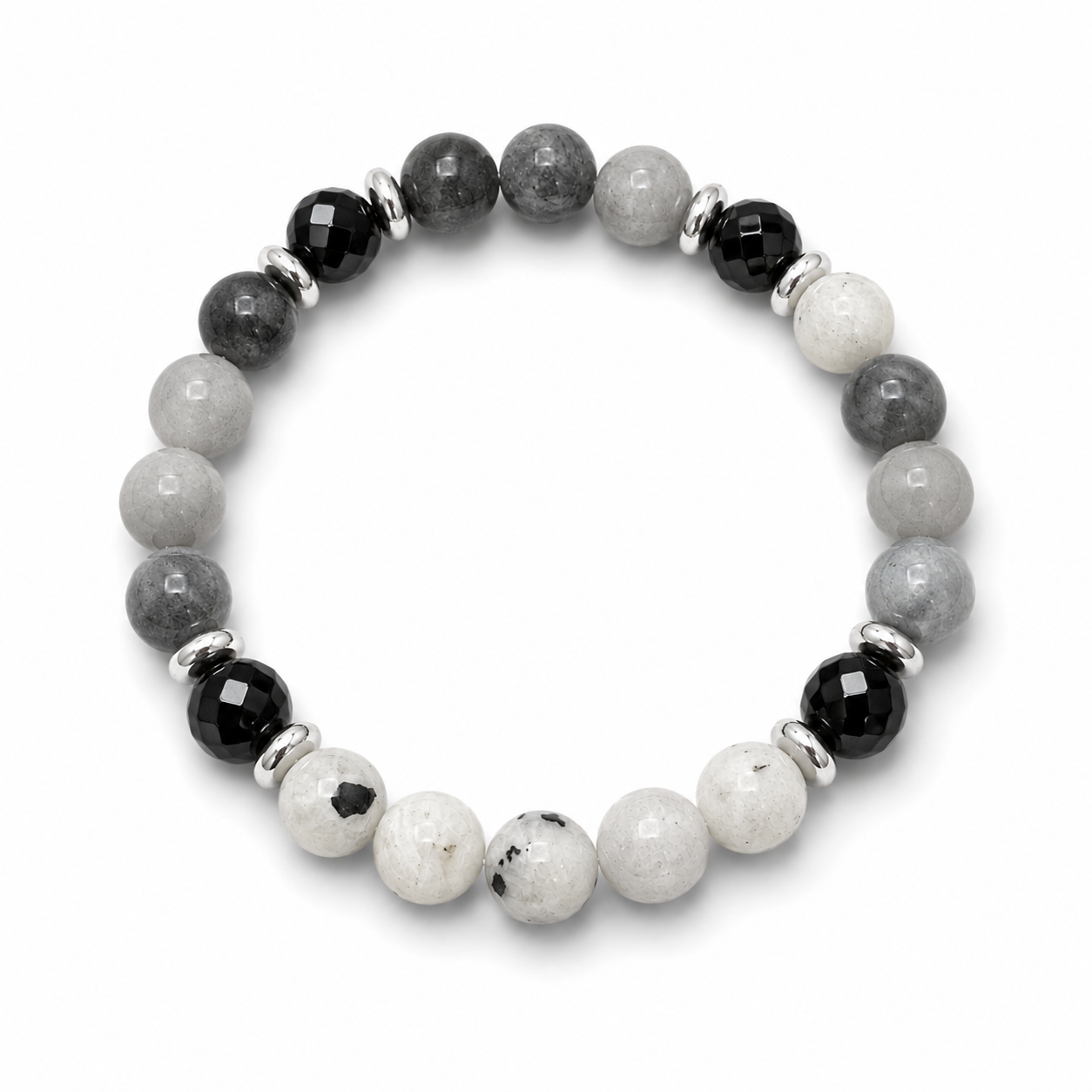 Moonstone, Black Onyx, and Cloudy Grey Quartz Bracelet