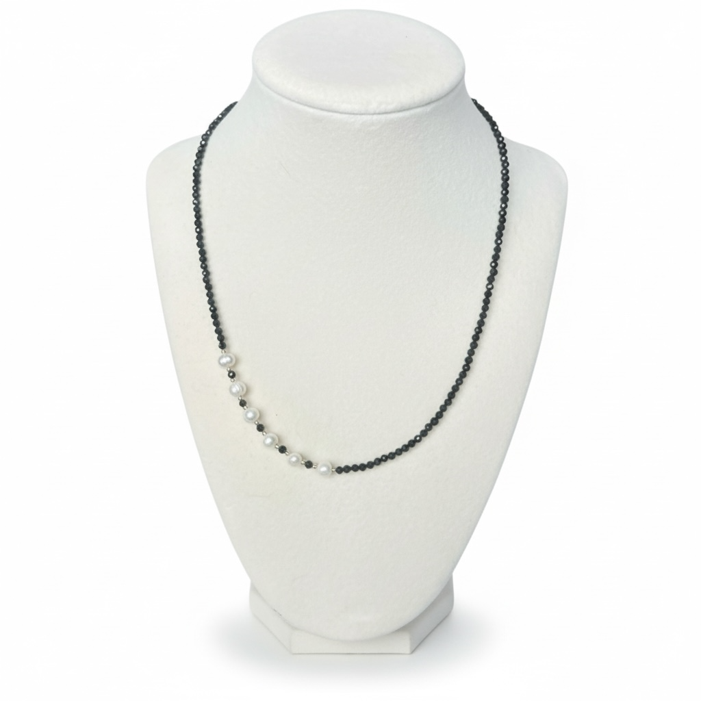 Faceted Black Tourmaline and Freshwater Pearl Necklace