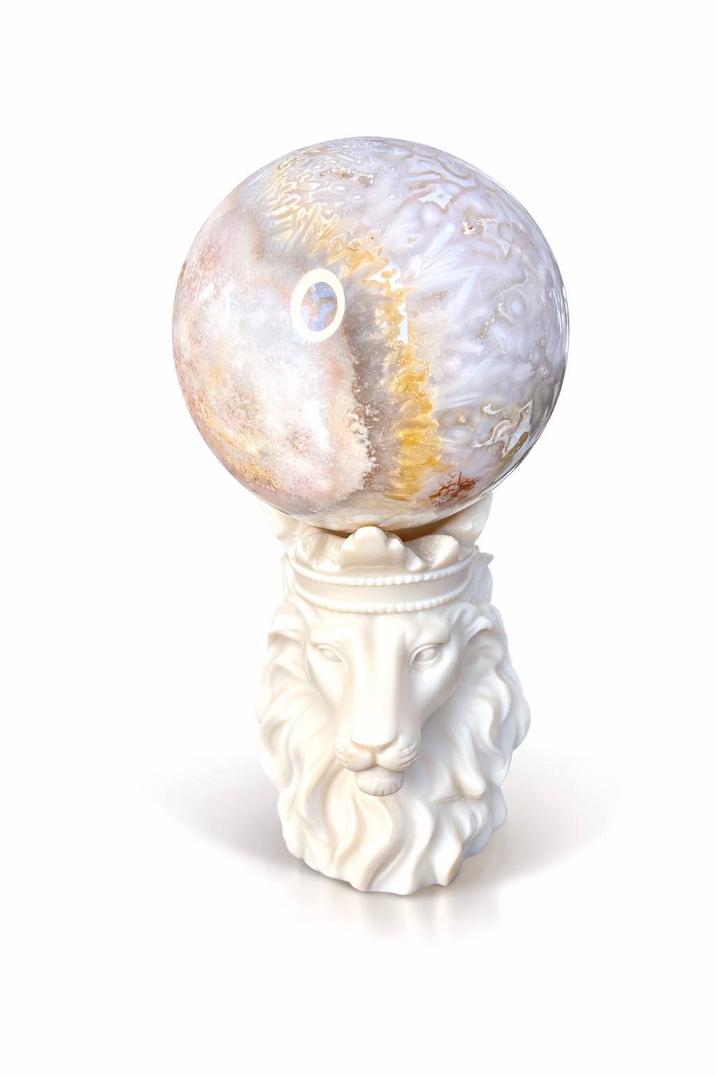 Flower Agate Sphere with Decorative Lion Holder